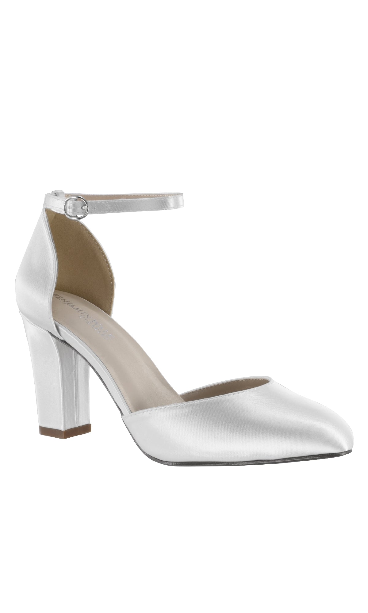 The White Closed Toe Prom Shoes 4478 feature white satin, a closed pointed toe, 2.5-inch block heel, and ankle strap with buckle—perfect elegant prom shoes.